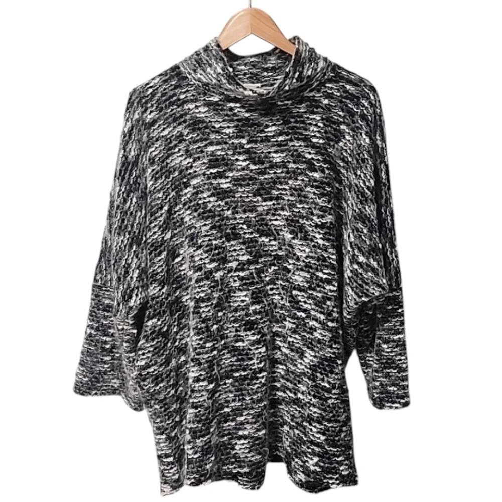 NATORI VINTAGE Fuzzy Wool Sweater 1X Mock Neck Black White Nylon Tunic Length - Picture 14 of 15
